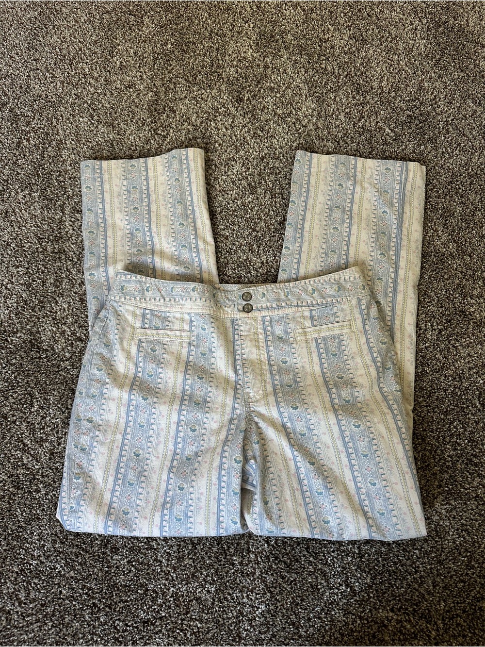2000’s y2k vintage Sigrid Olsen SO blue patterned low waisted capris